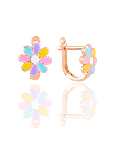 Gümüş Rose Renkli Mineli Klipsli Papatya Küpe