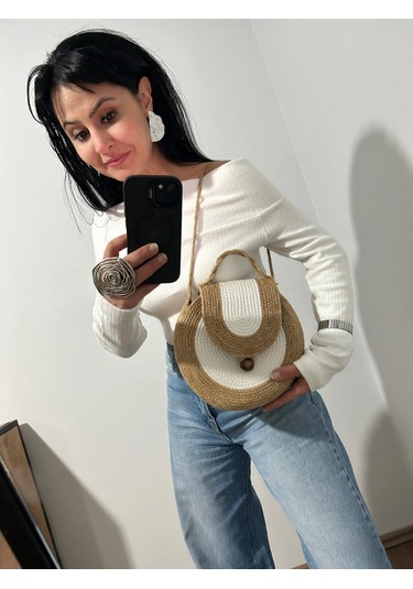 Hasır Çanta, Silindir Çanta, Tasarım Çanta,ekru Hasır El Çantası Hasır