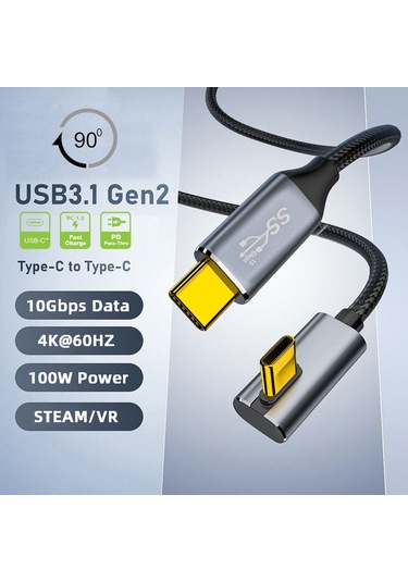 Csdake Pd 100 W Şarj 90 Derece Düşük Profil Açılı Usb3.1 Type-c Male To Male 10 Gbps Veri Kablosu 1.0 M