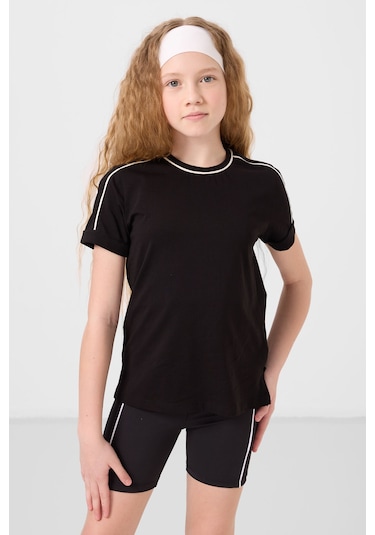 Siyah Pamuklu O Yaka Standart Fit Basic Kız Çocuk T-shirt - 75177 Siyah
