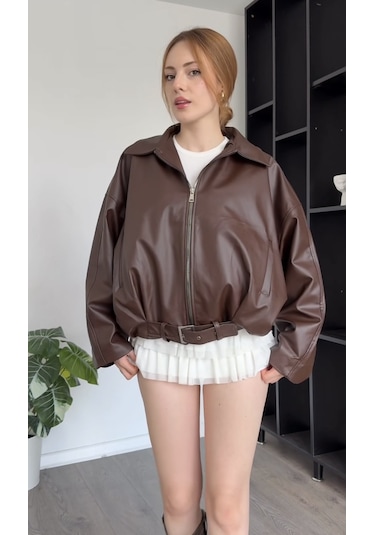 Prifaldi Premium Oversiz Bomber Deri Ceket Kahverengı