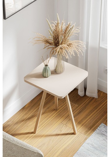 İntergo Kare Tasarımlı Ahşap Ayaklı Tekli Zigon Sehpa Krem