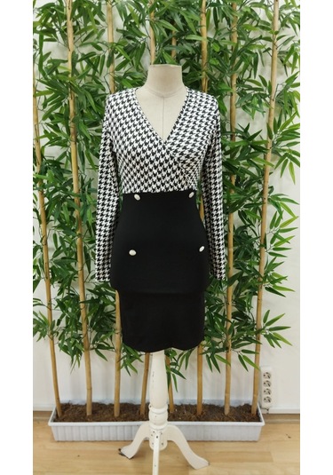 Kadın Uzun Kollu Kruvaze Yaka Üst Kazayağı Desen Düğme Detaylı Dalgıç Elbise Siyah