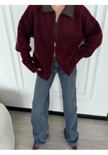 Deri Yakalı Pamuk Dokulu Çift Taraflı Çalışan Fermuar Ceket - Bordo Bordo