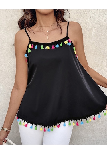 Leyla Sanat Sanata Yeni Bir Bakış Açısı Kadın Ip Askılı Püskül Detaylı Sandy Bluz Siyah