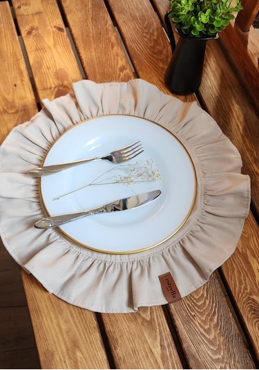 Lizbon Keten Yuvarlak Fırfırlı 2 Li Vintage Amerikan Servis Bej 40x40