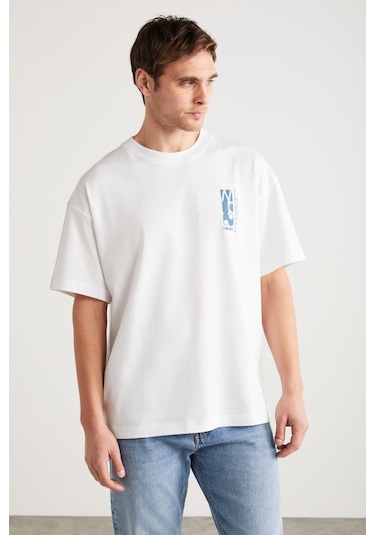 Antonıo  Erkek Baskı Detaylı %100 Organik Pamuk Örme Oversize Beyaz T-shirt