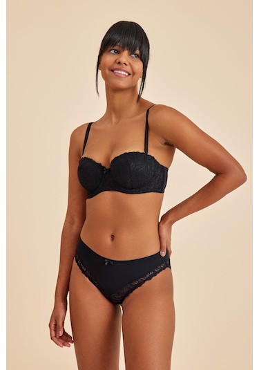 Amy Siyah Balenli Dantelli Dolgusuz Pedli Toparlayıcı Straplez Sütyen siyah