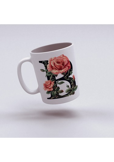 B Baş Harf Kırmızı Güller İle Sarılı Bardak 330 Ml Kişiye Özel Çiçekli Hediye Beyaz