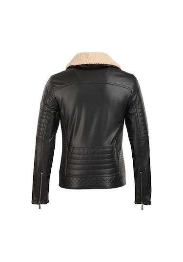 Oliggopol Erkek Siyah Kuzey Yaka Kürklü Slim Fit Deri Ceket Mont Siyah