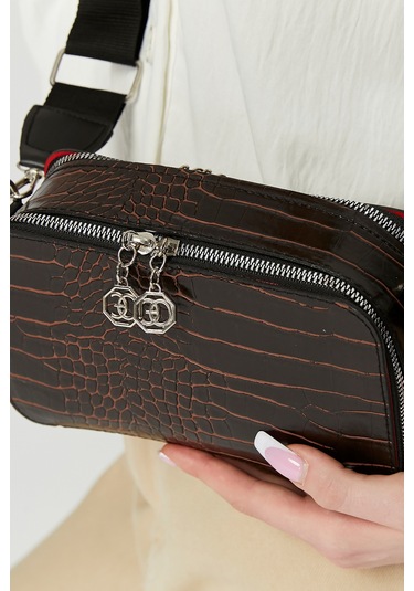 Morpelikan Kahve Kroko İki Bölmeli Kadın Omuz Çantası Kahverengi