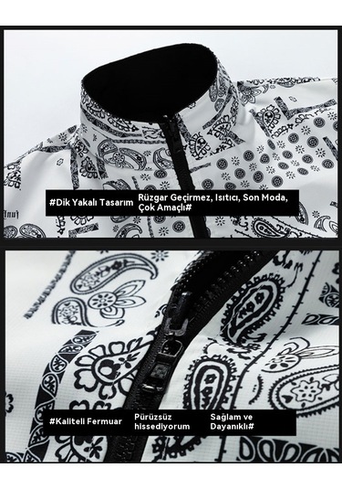 Erkek Dik Yaka Çift Taraflı Baskılı Ceket Beyaz