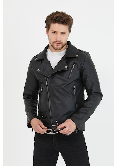Erkek Siyah Yeni Sezon Çapraz Fermuarlı Kemerli Deri Ceket Mont-Siyah