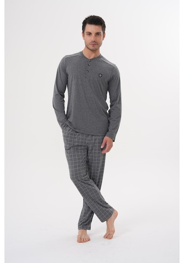 Mecit 2982 Füme Büyük Beden Uzun Kollu Erkek Pijama Takımı Füme