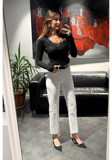 5in1Canpolat Siyah Dantelli V Yaka Merserize Triko 261034