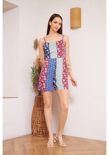 Bordo Desenli Patchwork Şort Tulum Dm4003 Mavi