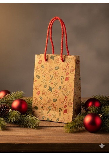 Yılbaşı Desenli Kraft Karton Çanta Seti - 6lı, Kırmızı Saplı Parti, Noel, Hediye Çantası, 12x17 Cm Standart