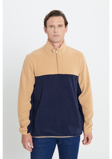 AC&Co / Altınyıldız Classics Erkek Karamel-lacı Standart Fit Dik Yaka İçi Polarlı Çift Renk Polar Sweatshirt Lacivert