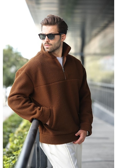 Madmext Kahverengi Yarım Fermuarlı Dik Yaka Polar Sweatshirt E7165 Kahverengi