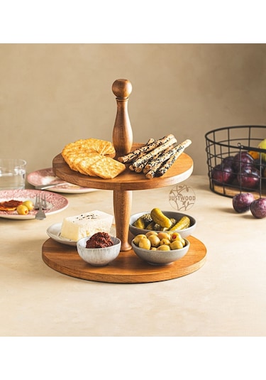 Justwood 2 Katlı Düz Tabaklı Ahşap Kek Pasta Sunumluk Standı, Ser