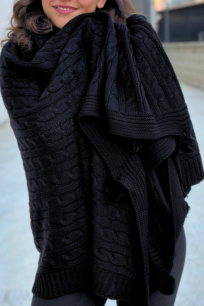 Ponponlu Triko Örme Tv Battaniyesi Örgü Koltuk & Omuz Şalı & Diz Battaniyesi 130x170 Cm-siyah Sıyah Siyah