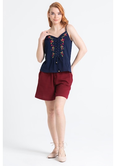 Askılı Şile Bezi Bihter Nakışlı Yazlık Bluz Lacivert Lcvt-lacivert