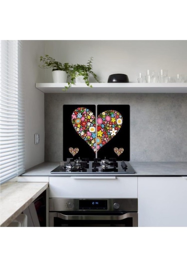 Dekoratif Cam Ocak Koruyucu ve Kesim Tahtası Siyah Kalp 60Cm X 52