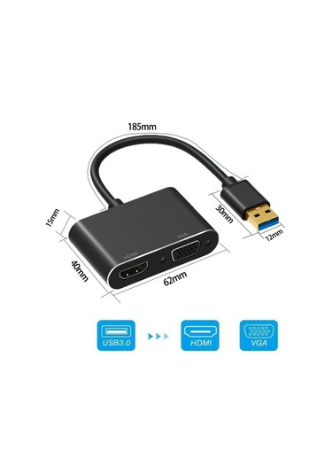 Sınır Ötesi Usb3.0'dan Hdmı+vga Dönüştürücü Type-c Portu Hd İki Bir Arada Usb'den Hdmı Adaptörü Usb'den Hdmı+vga Siyah