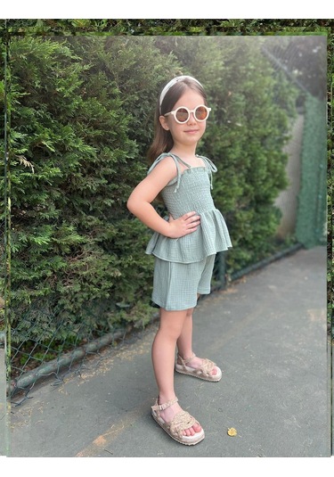 Müslin Kumaş Şortlu Kız Çocuk Takım Mint