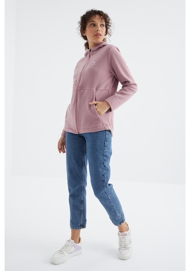 Tommy Life Gül Kurusu Kapüşonlu Fermuarlı Rahat Form Kadın Polar Sweatshirt - 97233 Gülkurusu