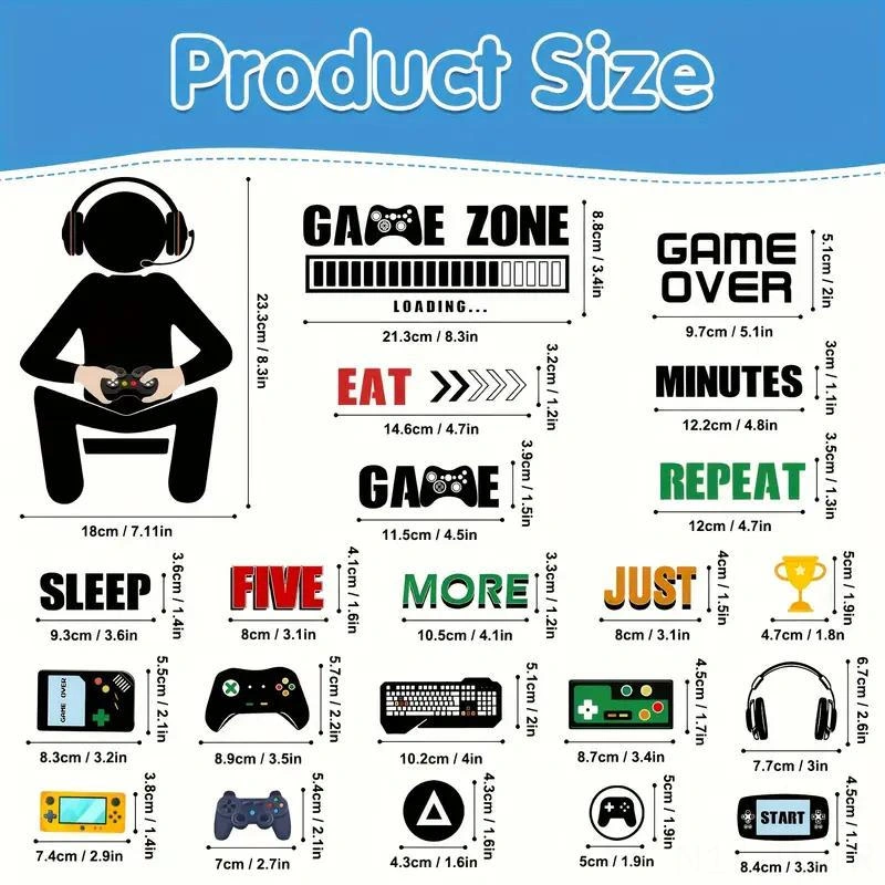 Hombey Oyun Odası Dekorasyonu Işıklı Oyun Sticker'ları - Kumanda, Konsol Desenli Duvar Sticker'ı, Erkek Kız Odası Dekoru, 30x20 Cm Beyaz