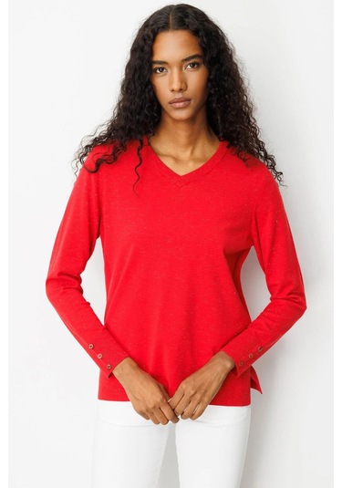 Desen Triko Kadın V Yaka Kolları Düğmeli Simli Bluz 23393 Açık Kırmızı Açık Kırmızı