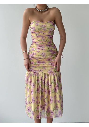 Talia Straplez Elbise Çiçekli