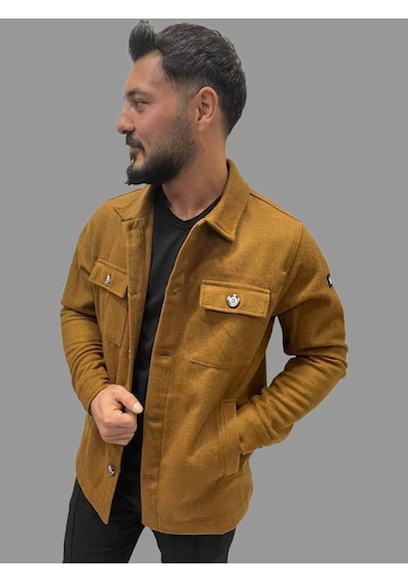 Erkek Cep Detaylı Kışlık Taba Kaşe Gömlek Taba
