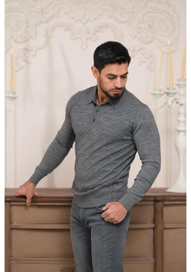 Woolen World Polo Yaka Slimfit Desenli Yünlü Erkek Triko Kazak Gri