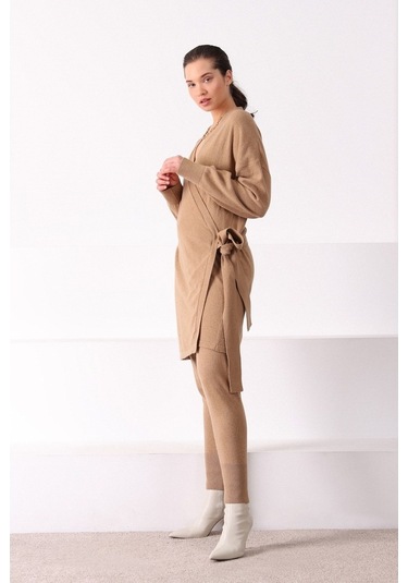 Ferraro Camel Paçası Lastikli Kaşmirli Kadın Triko Pantolon Camel