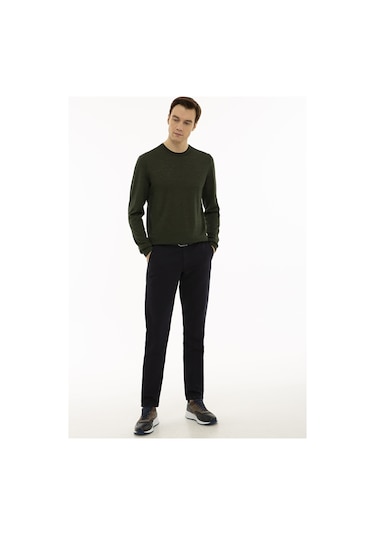 Cacharel Haki Slim Fit Bisiklet Yaka Basic Triko Kazak Yesıl