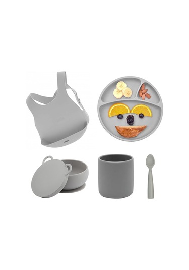 Oioi Silikon Beslenme Seti 5 Parça Önlüklü  Gri