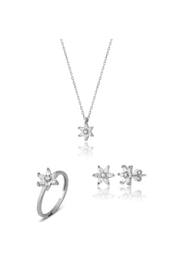 Zanaatsilver 925 Ayar Gümüş Beyaz Zirkon Taşlı Nilüfer Çiçeği Takım & Seti
