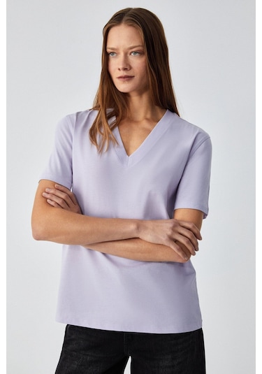 GRIMELANGE Alıne Kadın %100 Organik Pamuk Derin V Yakalı Comfort Fit Lila T-shirt Lila