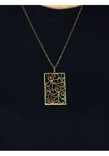 Doğal Taş Akik 3'lü Doğal Taşlı Antik Kadın Kolye Euk45a Kırmızı