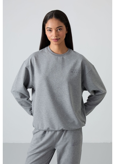 Tommy Life Gri Melanj Basic Pamuklu O Yaka Oversize Lastik Paça Kadın Eşofman Takım - 95287 GRİ MELANJ