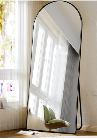 Zer 180x66 Kemerli Zemin Aynası,tam Boy Aynalı Duvar Aynası, Yatak Odası, Giyinme Odası İçin Standlı Siyah