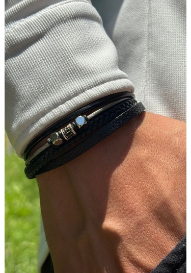 El İşçiliği İle Üretilmiş Hakiki Deri Erkek Bileklik Gümüş - Siyah