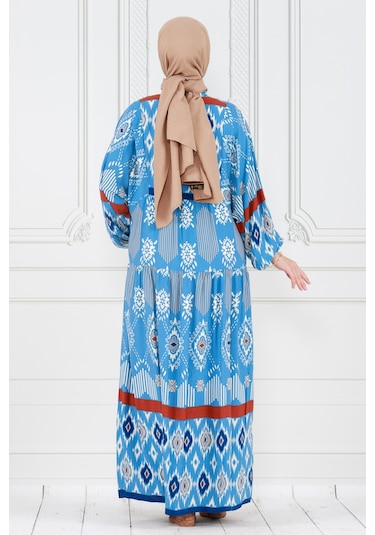 Yarım Düğmeli Robalı İkat Desen Elbise-mavi-4006 - Mavi