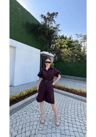Yakalı Gömlek Kemerli Şortlu Takım - Bordo Bordo