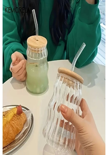Bardak Kahve Kokteyl Sunum Bardağı 400ml 2li Sukabağı Latte Bardak Bambu Kapaklı İskandinav Cam Bambu