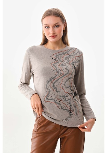 Sistas Kadın Desenli Bisiklet Yaka Uzun Kollu Bluz 23636 Keten Çok Renkli