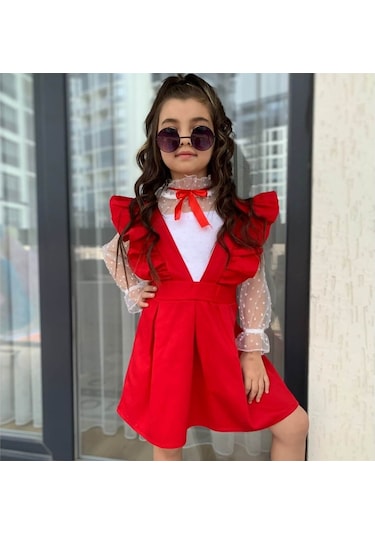 Kız Çocuk Gömlek / Salopet Kırmızı Takım Çok Renkli
