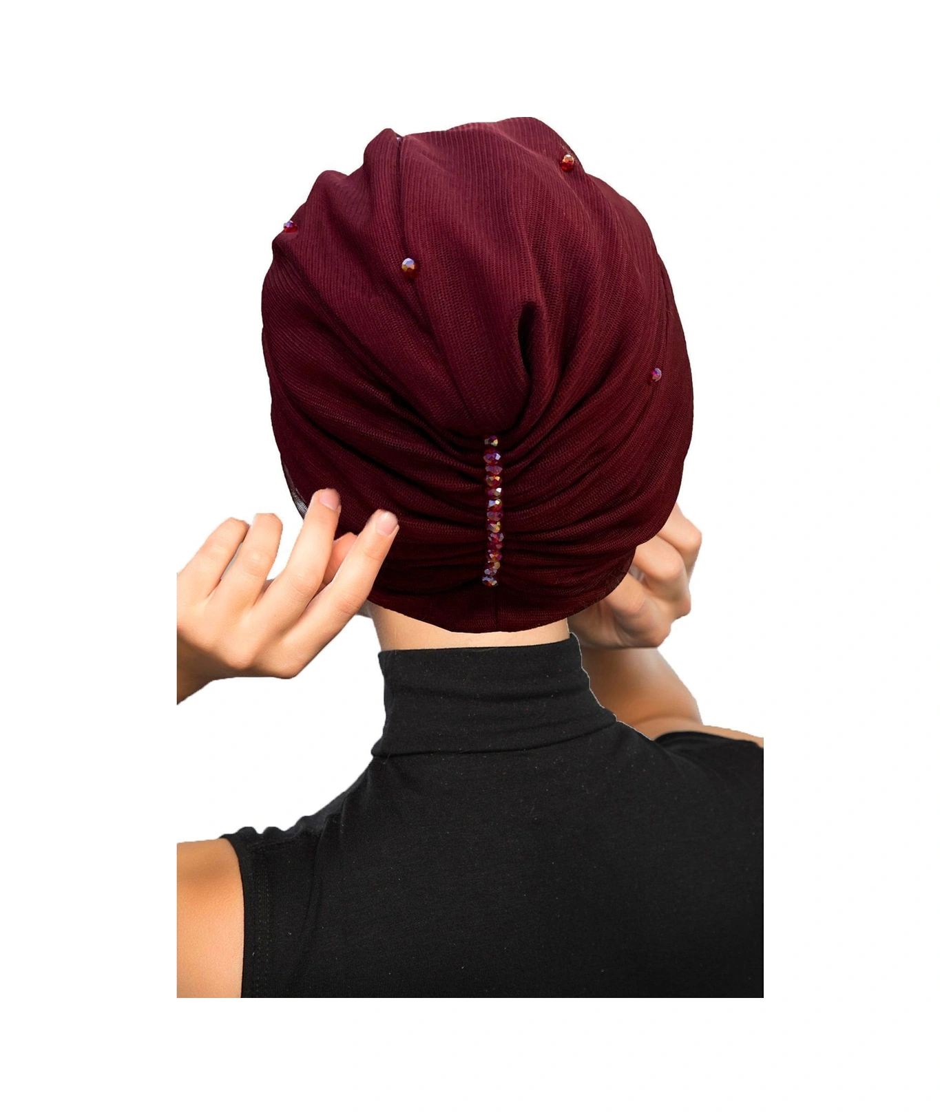 Kristal Tüllü Astarlı Bordo Hazır Türban Tesettür Abiye Bone Bordo